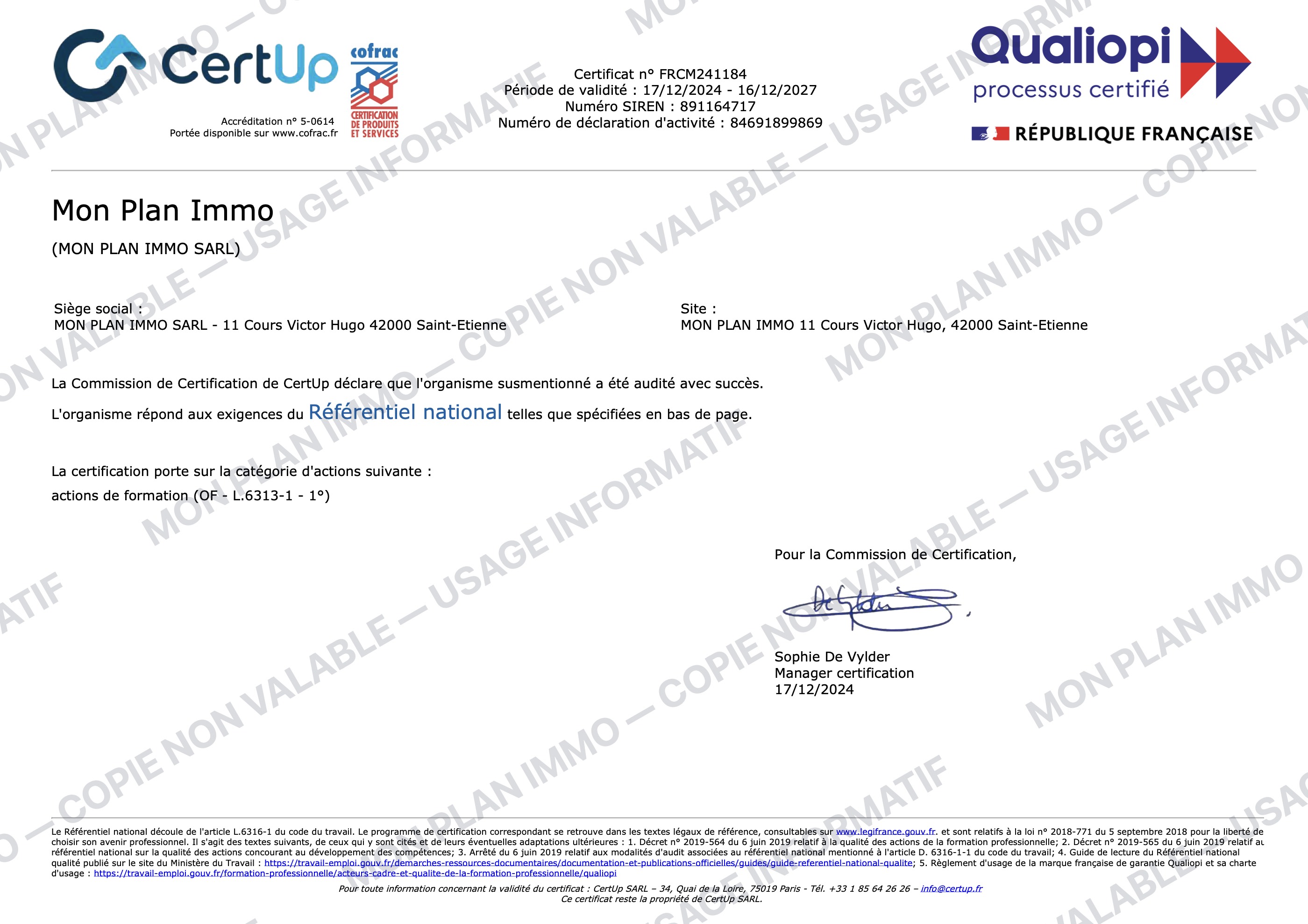 Certificat Qualiopi de Mon Plan Immo